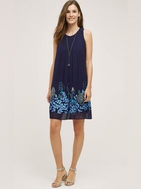 Anthropologie Navy Blue Sleeveless Embroidered Mini Dress